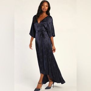 Compelling Elegance Navy Blue Satin Jacquard Maxi Dress